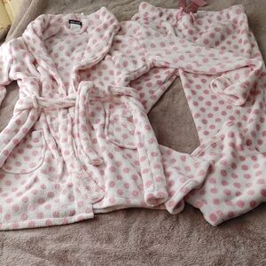 ✅$8 Add On Wet Seal Pink and White Polka Dot Pajama Bottoms with Robe Sz Lg